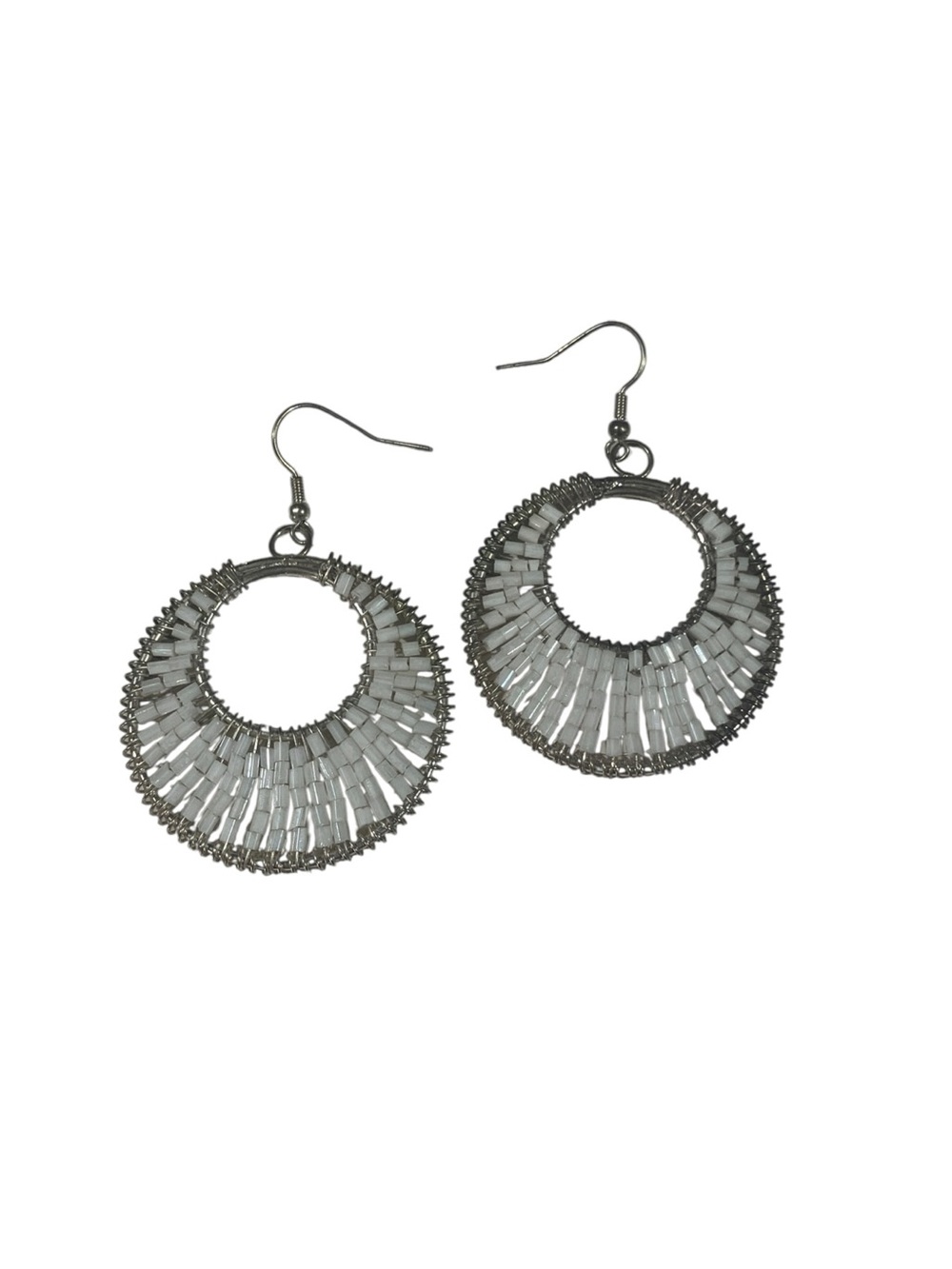 Silver Tone White Beaded Round Hoop Dangle Earrings Boho Festival Western